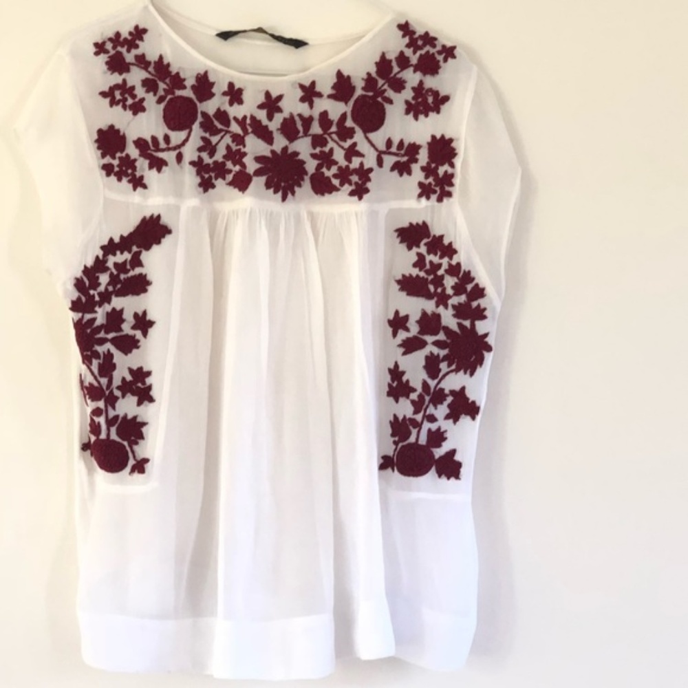 Zara Basic Embroidered Flower Sheer Top S